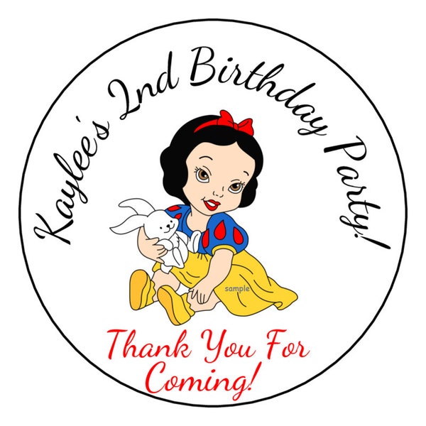 12 Personalized Baby Snow White Birthday Party Stickers, Labels, Favor Stickers, Tags, Custom Made, 2.5", Round