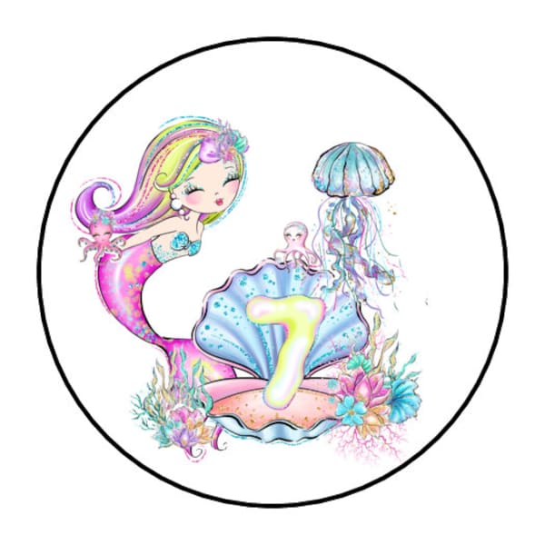 30 mermaid 7th birthday envelope seals labels stickers 1.5" round ocean seventh birthday, under the sea