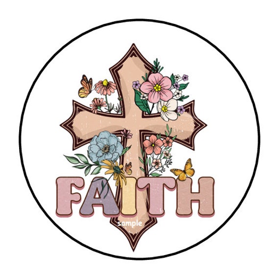 30 Faith Stickers, Religious, Floral, Labels, Envelope Seals, 1.5, Round