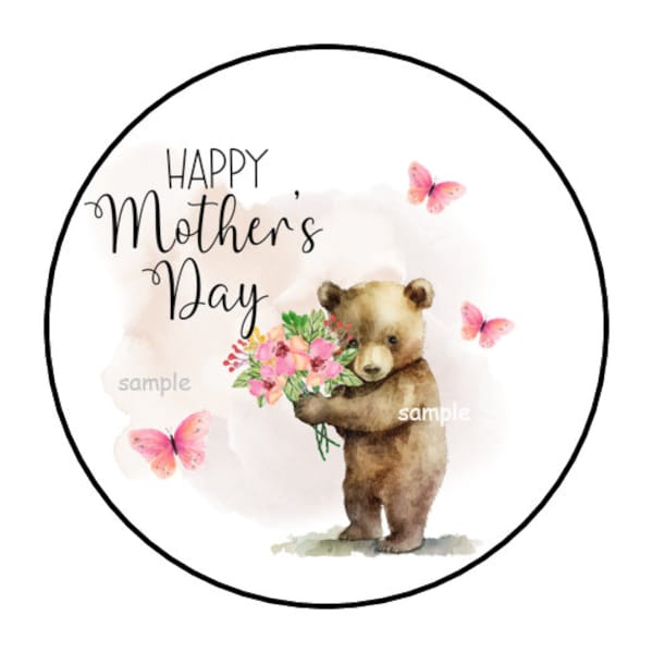 30 Happy Mother's Day Stickers, Envelope Seals, Tags, Favors, Labels, Stamps, 1.5", Round, Bear, Butterflies, Floral