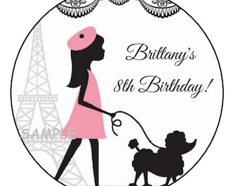 Paris Birthday Stickers, Personalized, Labels, Tags, Favors, 2.5", Classic Round, Eiffel Tower, Pink, Black, Coquette, Shabby Chic, 12 count