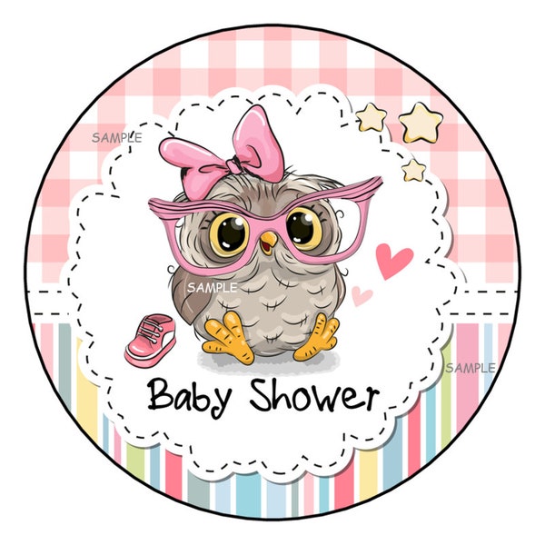 12 Owl Baby Shower Stickers, Favor Labels, Gift Tags, 2.5", Round, Baby Girl, Pink