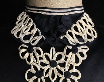 1940s French Handmade Dress Bib. Stunning Black And Ivory Handmade Dress Decoration. 1940s Handmade Soutache Dress Bib.