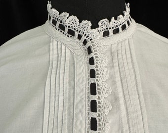 French Antique Blouse With Hand Crochet Trim And Black Satin Ribbon. Antique White Cotton Blouse With Crochet Trim.