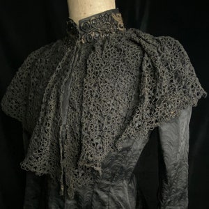 Magnificent French Antique Ensemble In Black Silk Damask With A Lace Capelet. Outstanding Victorian Jacket And Skirt .