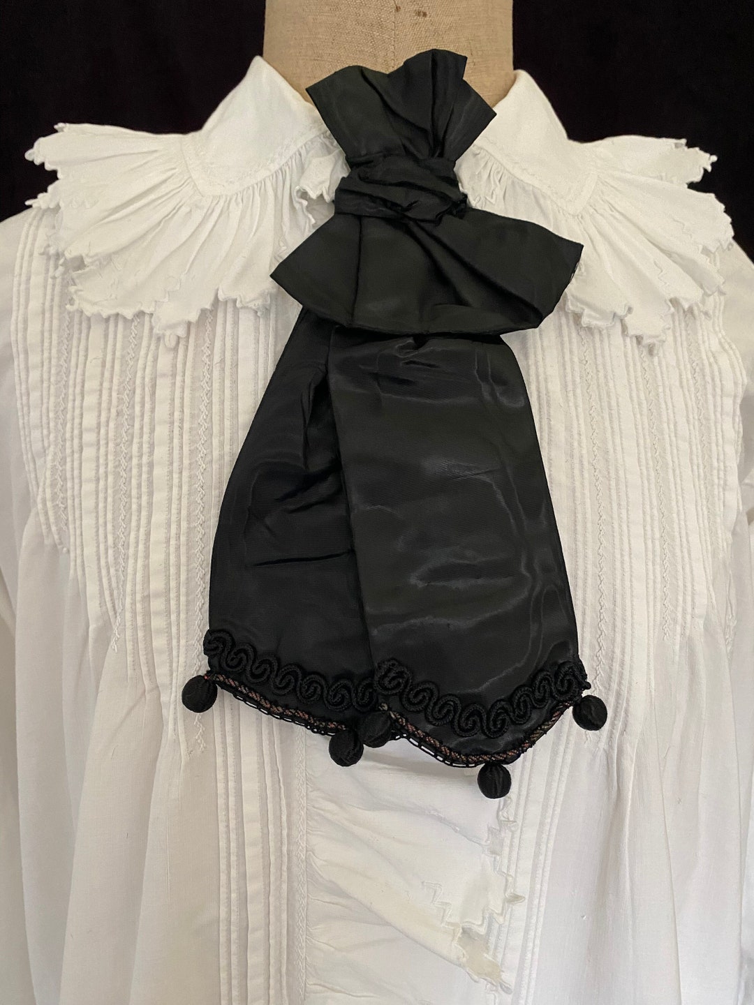 French Black Silk Jabot With Braid and Bobble Trim. Victorian Moire