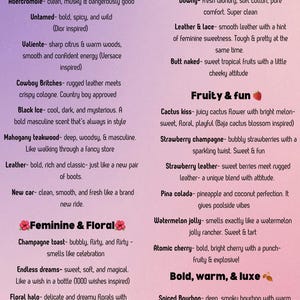 May include: A printed scent list titled Scentfull Freshies Scent List, featuring categories such as Cologne Inspired, Masculine, Clean and Soft, Fruity and Fun, Feminine and Floral, and Bold, Warm, and Luxe, with various scent names and descriptions.