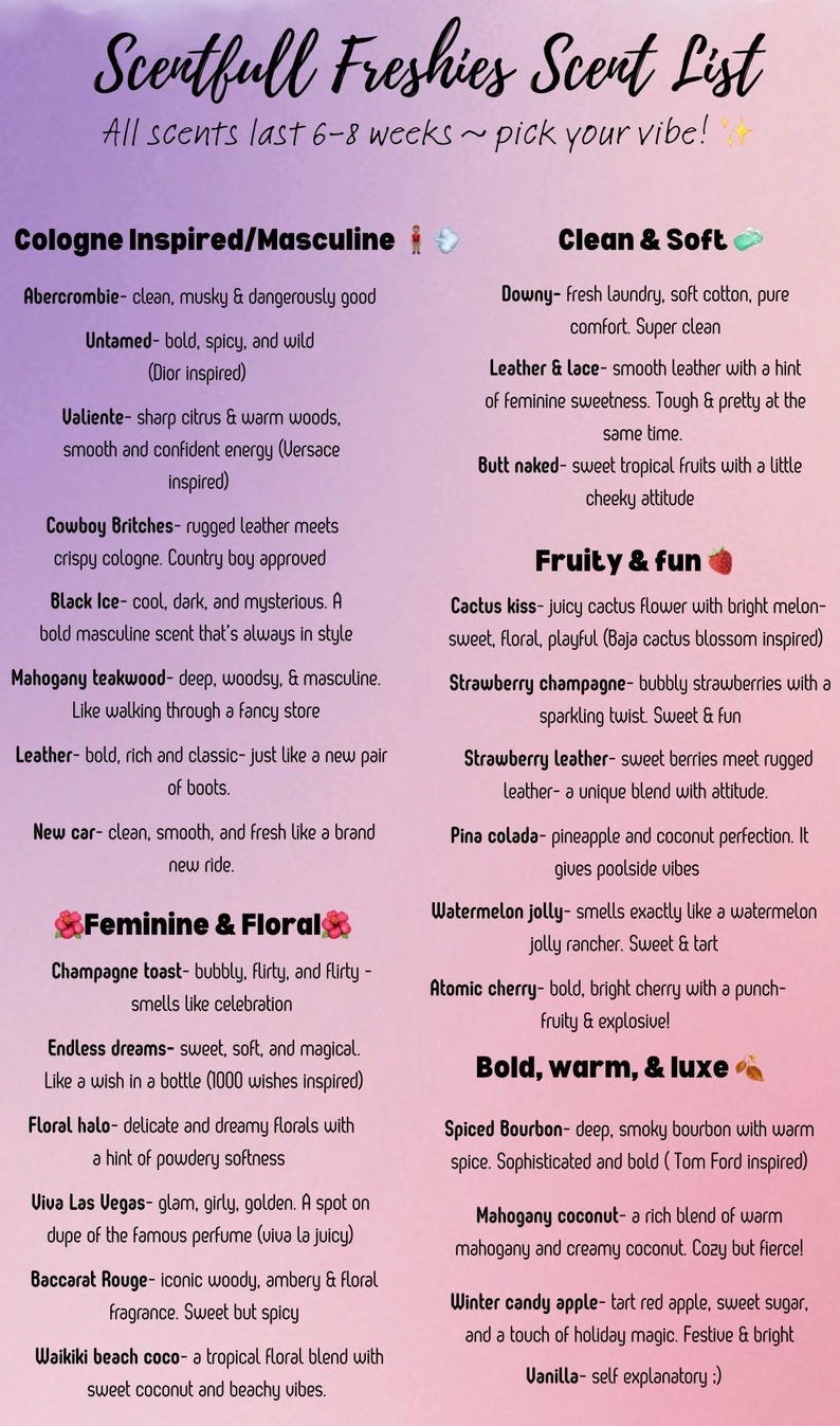 May include: A printed scent list titled Scentfull Freshies Scent List, featuring categories such as Cologne Inspired, Masculine, Clean and Soft, Fruity and Fun, Feminine and Floral, and Bold, Warm, and Luxe, with various scent names and descriptions.