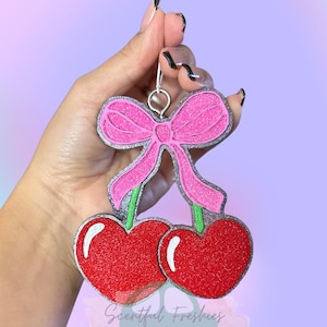 Cherry with Bow Car Freshie – Girly Scented Air Freshener – Cute Retro Car Decor Gift
