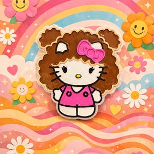 May include: A Hello Kitty character figure with brown curly hair, wearing a pink shirt and a pink bow on the left ear. The figure features black outlines, white skin, and a yellow nose, presented against a background of colorful rainbows and flowers.