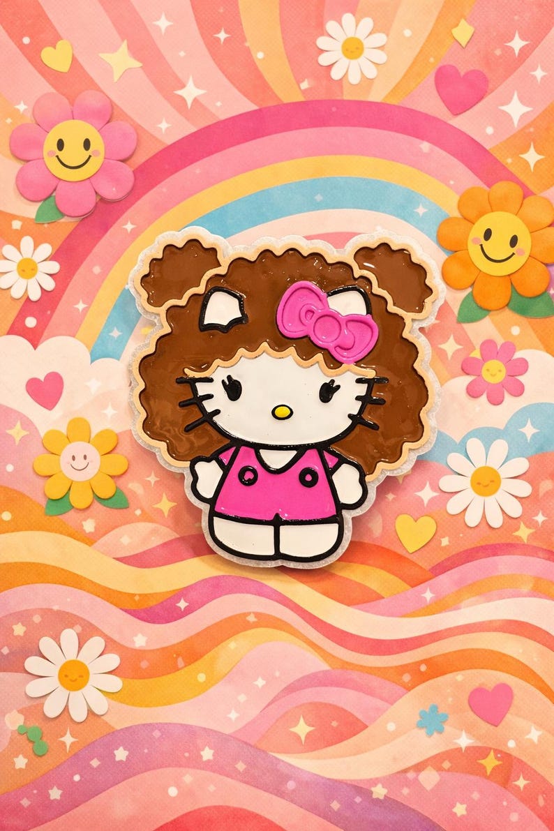 May include: A Hello Kitty character figure with brown curly hair, wearing a pink shirt and a pink bow on the left ear. The figure features black outlines, white skin, and a yellow nose, presented against a background of colorful rainbows and flowers.