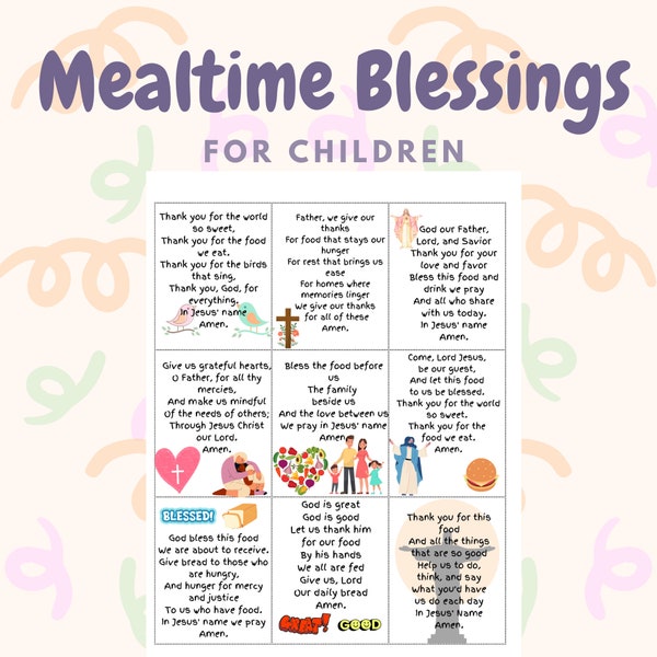 Mealtime Blessing Prayer Cards for Kids | Simple Grace and Prayers for Children to Bless Breakfast, Lunch or Dinner