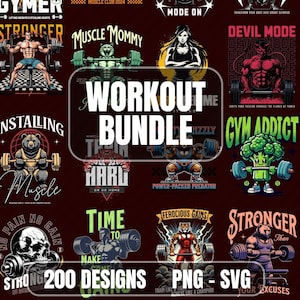 Könnte beinhalten: Eine Sammlung von 200 Designs zum Thema Training mit Illustrationen von Personen, die Gewichte heben, Tieren und motivierenden Texten. Die Designs sind in den Formaten PNG und SVG verfügbar.