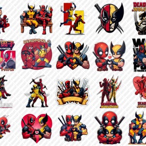 May include: A set of 16 digital stickers featuring Deadpool and Wolverine in various poses and settings. The stickers are in a cartoon style and feature bright colors, including red, yellow, and blue. The text "Deadpool & Wolverine" appears on one of the stickers.