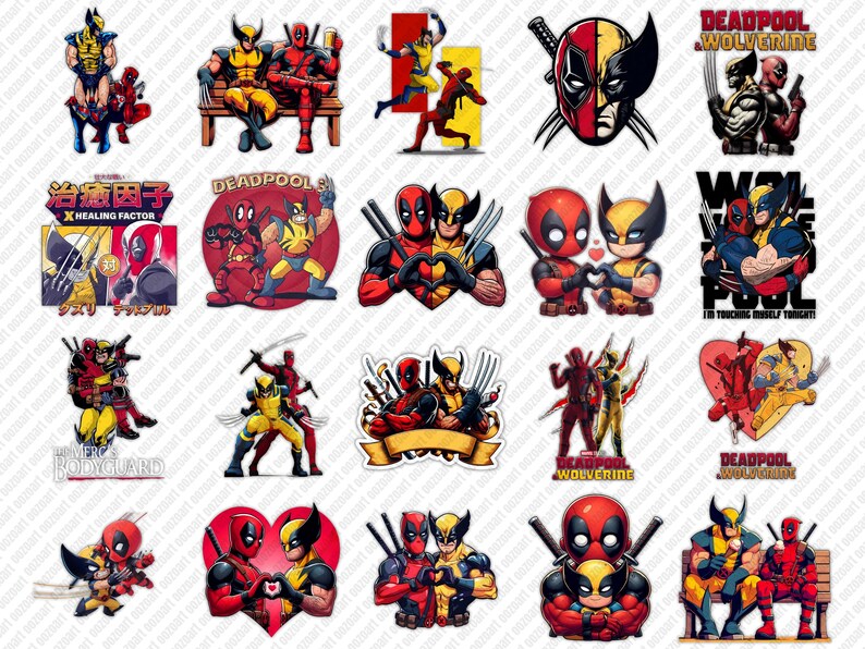 May include: A set of 16 digital stickers featuring Deadpool and Wolverine in various poses and settings. The stickers are in a cartoon style and feature bright colors, including red, yellow, and blue. The text "Deadpool & Wolverine" appears on one of the stickers.