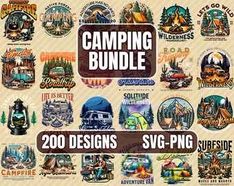 Paquete de 200 diseños de camisetas de camping / Imágenes prediseñadas SVG y PNG