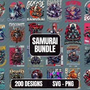 Könnte beinhalten: Eine Collage aus 200 farbenfrohen Designs mit Samurai-Kriegern, Geistern und anderen japanisch inspirierten Bildern. Die Designs sind perfekt für die Erstellung von T-Shirts, Postern und anderen Merchandise-Artikeln. Der Text "Samurai Bundle" ist prominent in der Mitte der Collage platziert.