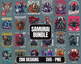 May include: A collage of 200 colorful designs featuring samurai warriors, ghosts, and other Japanese-inspired imagery. The designs are perfect for creating t-shirts, posters, and other merchandise. The text "Samurai Bundle" is prominently displayed in the center of the collage.