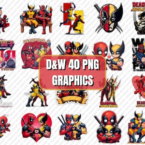 May include: A set of 40 digital graphics featuring Deadpool and Wolverine in various poses and scenes. The graphics are in a cartoon style and include text such as "Deadpool & Wolverine" and "I'm touching myself tonight!"