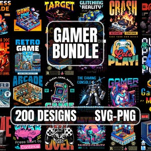 Może przedstawiać: Kolaż kolorowych ilustracji z motywami gier wideo. Tekst "Gamer Bundle" znajduje się w środku obrazu. Tekst "200 Designs SVG-PNG" znajduje się na dole obrazu.
