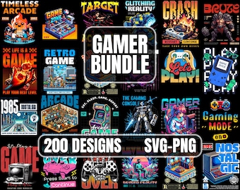 Gamer T-Shirt Designs | 200 SVG PNG Files, Urban Graphics (Digital Download)