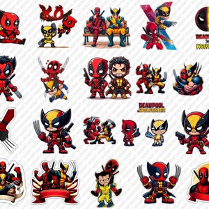 May include: A digital clipart set featuring various cartoon characters of Deadpool and Wolverine. The characters are in different poses and expressions, some with weapons and others with their signature masks. The set includes the text "Deadpool x Wolverine".
