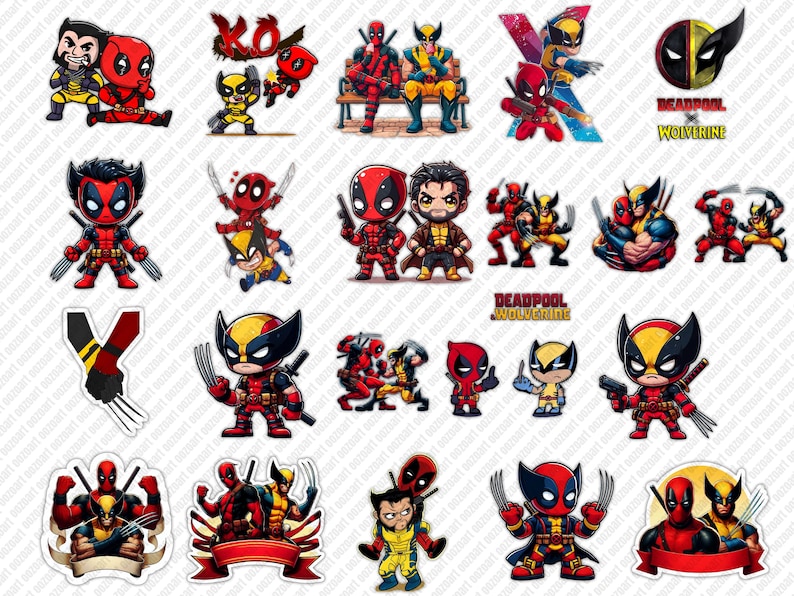 May include: A digital clipart set featuring various cartoon characters of Deadpool and Wolverine. The characters are in different poses and expressions, some with weapons and others with their signature masks. The set includes the text "Deadpool x Wolverine".