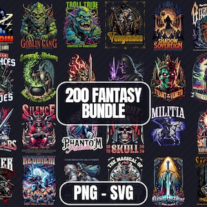 200 Fantasy Streetwear Design Bundle Warriors, Wizards, Knights and More (PNG & SVG) | High-Quality Street Style Pack for T-Shirts, Hoodies