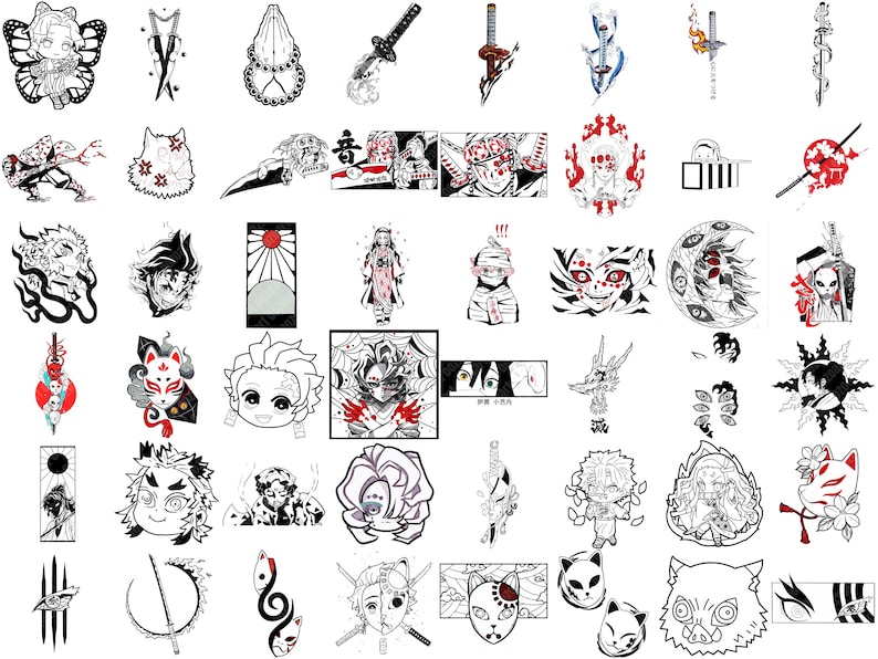 May include: A set of 30 black and white anime character illustrations. The characters are from the popular anime series Demon Slayer. The illustrations feature various characters from the show, including Tanjiro Kamado, Nezuko Kamado, Zenitsu Agatsuma, and Inosuke Hashibira. The illustrations are perfect for fans of the show and can be used for a variety of purposes, such as decorating notebooks, creating stickers, or making custom phone cases.