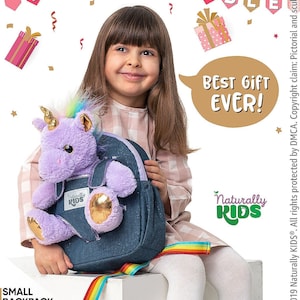 Toddler Backpack — Unicorn Backpack & PURPLE Stuffed Unicorn Plush Toy SMALL w pockets, Unicorn Toy for Unicorn Birthday Party Kids Backpack