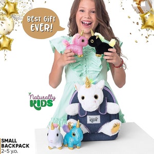 Toddler Gift — 4 Plush Unicorn Toys: Pink, White, Blue, Black in UNICORN Backpack Stress-Relief Sensory Fidget Unicorn Gifts for Girl or Boy