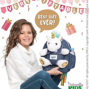 Toddler Backpack — Unicorn Backpack & WHITE Stuffed Unicorn Plush Toy MEDIUM w pockets, Unicorn Toy for Unicorn Birthday Party Kids Backpack