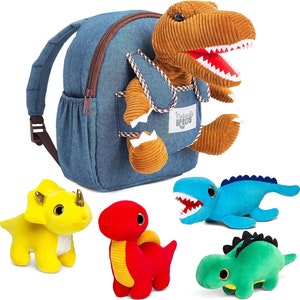 Corduroy Dinosaur Backpack for Toddler Boy or Girl with Dinosaur Toys set — 4 Mini Dino Plushies — Christmas Gift for Kids — Birthday Gift