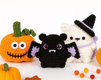 Crochet Halloween Plush Set: Pumpkin, Bat & Witch Bear - Fall Decor