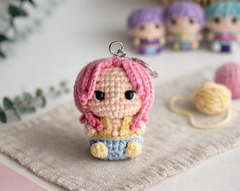Handmade Crochet Doll Keychain, Pink Hair, Kawaii Plush Charm