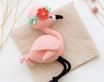Crochet Flamingo Plush: Handmade Amigurumi Bird Toy with Flower Crown