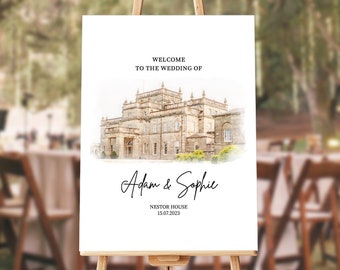 Wedding Welcome Sign, Watercolor Venue Illustration, Custom Wedding Sign