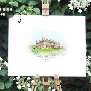 May include: A white sign on a wooden easel, featuring a watercolor painting of a stately building. The sign reads "Mr & Mrs Ashton" and "Clarendon Hall 10.06.2023". The words "Guest sign here" are also visible.