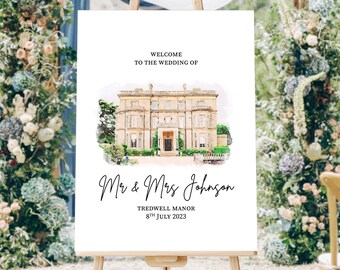 Wedding Welcome Sign, Watercolor Venue Illustration, Custom