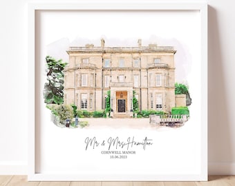 Watercolor Wedding Venue Print 1st Anniversary Gift for Couple Venue Portrait