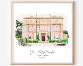 Watercolor Wedding Venue Print 1st Anniversary Couple Gift