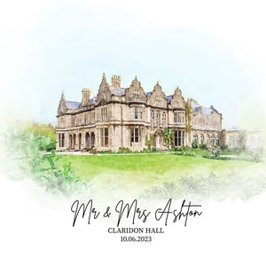 May include: Watercolor painting of Claridon Hall, a large stone building with multiple chimneys and windows, set on a green lawn. The text "Mr & Mrs Ashton, Claridon Hall, 10.06.2023" is written below the building.