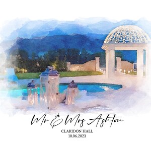 May include: Watercolor-style artwork of a scenic outdoor venue with a pool, gazebo, and distant mountains. The text "Mr & Mrs Ashton", "Claridon Hall", and the date "10.06.2023" are displayed in elegant script. The image has a soft, dreamy aesthetic.