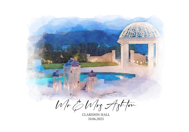 May include: Watercolor-style artwork of a scenic outdoor venue with a pool, gazebo, and distant mountains. The text "Mr & Mrs Ashton", "Claridon Hall", and the date "10.06.2023" are displayed in elegant script. The image has a soft, dreamy aesthetic.