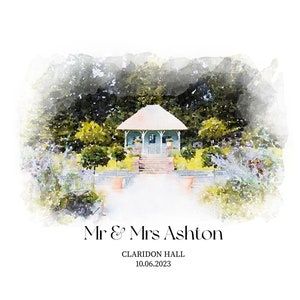 May include: Watercolor painting of a gazebo in a garden setting. The gazebo is light blue with a white roof, surrounded by lush greenery. The text "Mr & Mrs Ashton", "Claridon Hall", and "10.06.2023" are at the bottom.