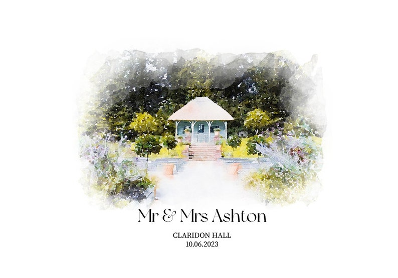 May include: Watercolor painting of a gazebo in a garden setting. The gazebo is light blue with a white roof, surrounded by lush greenery. The text "Mr & Mrs Ashton", "Claridon Hall", and "10.06.2023" are at the bottom.