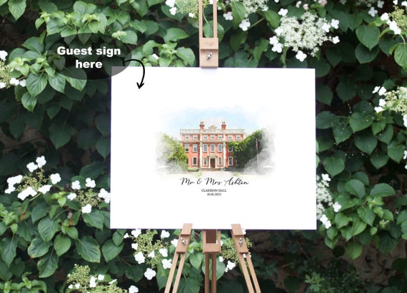 Guest Book Alternative, Watercolor Wedding Venue Illustration Custom Sign