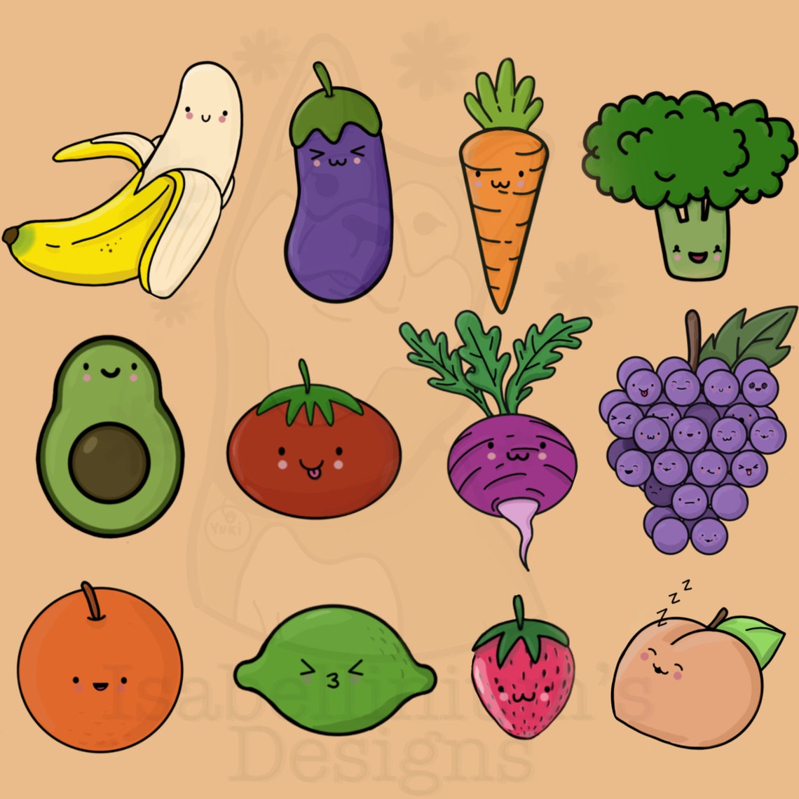 Kawaii Cute Fruits and Veggies Clipart PNG Files 300 DPI Adorable Fruit