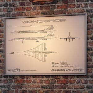 May include: A black and white line drawing of the Concorde supersonic jet plane. The drawing shows the plane in three different views. The drawing is on a beige background with the text "CONCORDE" at the top. The text "Aerospatiale BAC Concorde" is at the bottom of the drawing. The drawing also includes the following information: Span: 84/25.6m, Max Weight: 412,000 lb, Capacity: 120 Passengers, Max Speed: Mach 2.04/1354mph/2179km/h.