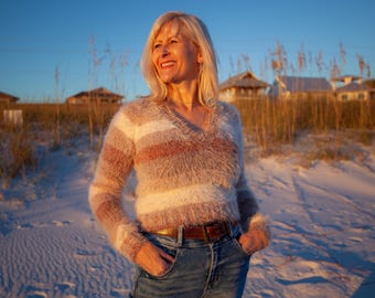 Handmade Fuzzy Coconut V-neck Crop Sweater